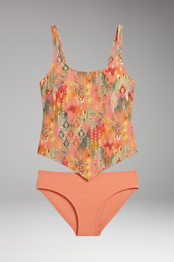 Women’s Tankini Swimsuit with Adjustable Straps and Patterned Top