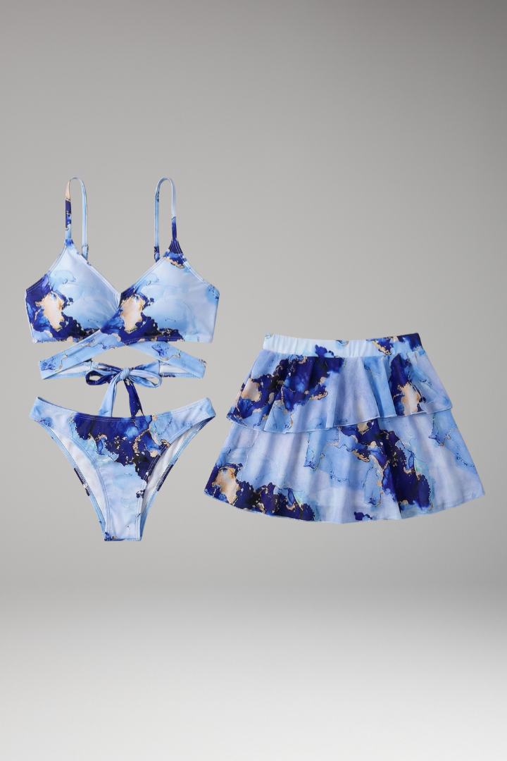 Women’s Three-Piece Bikini Set with Marble Print and Flared Skirt