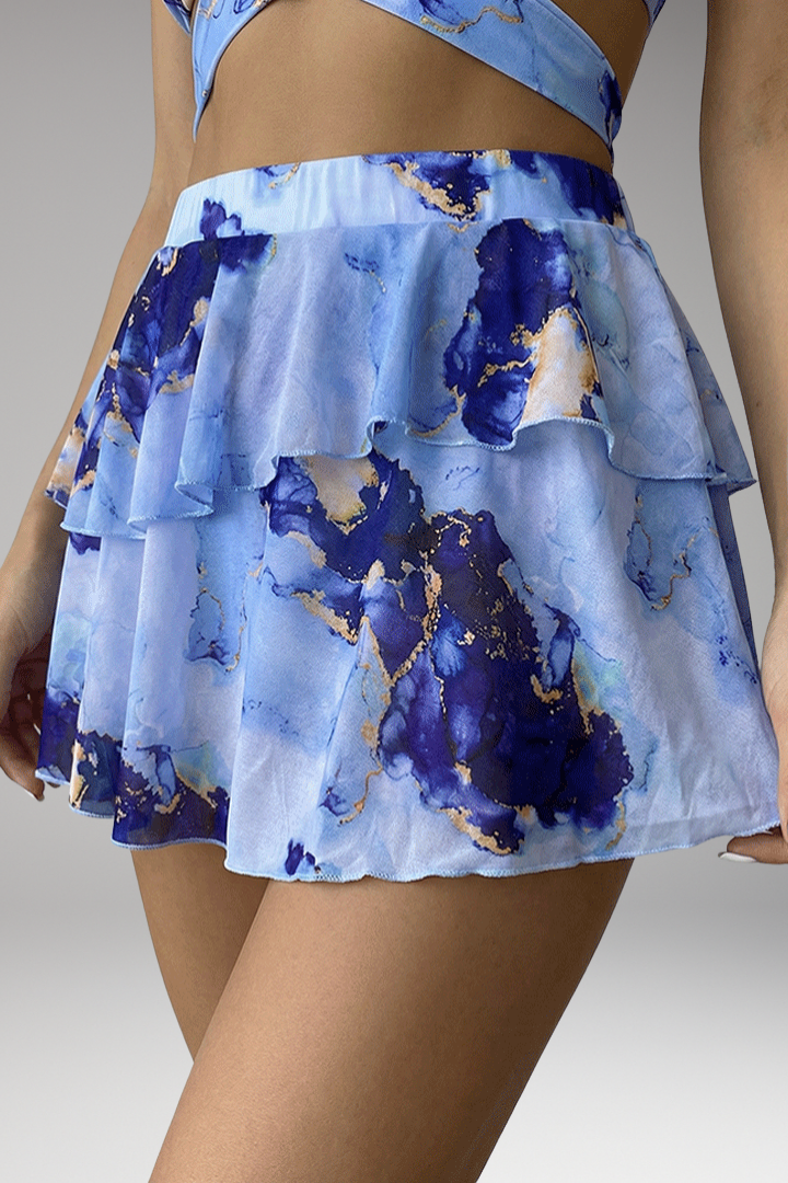 Women’s Three-Piece Bikini Set with Marble Print and Flared Skirt