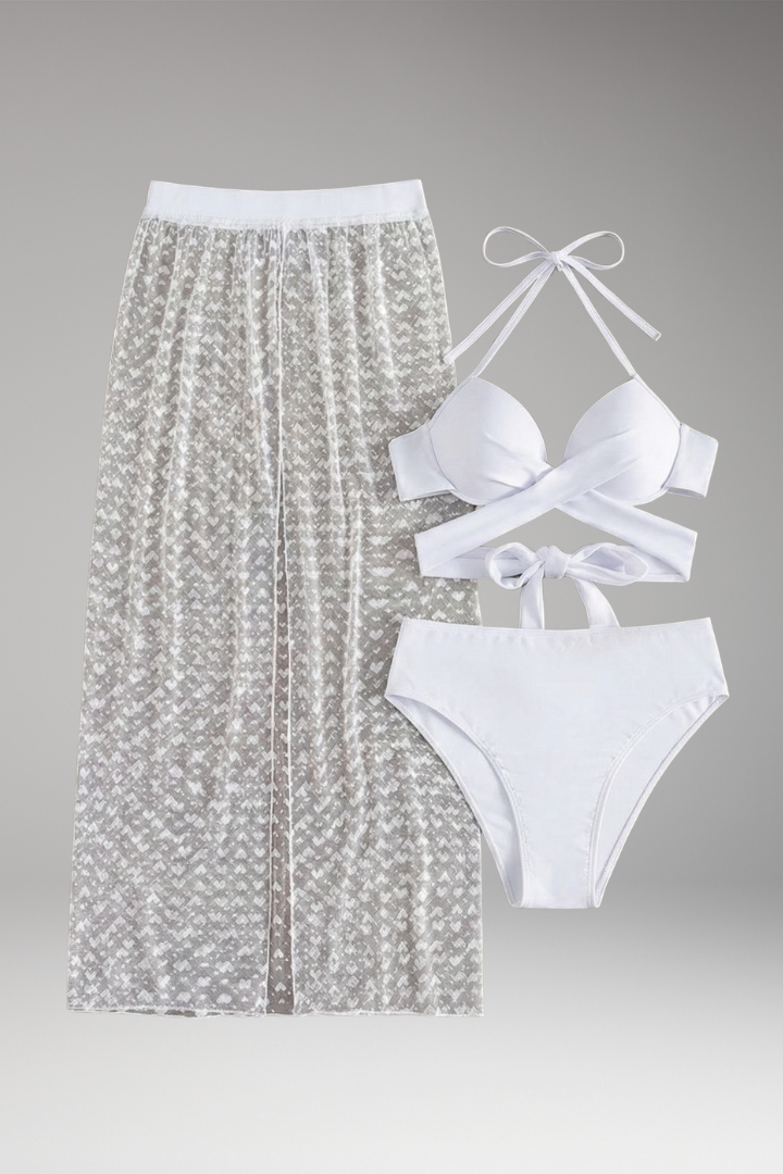 Women’s Three-Piece Bikini with Criss-Cross Top and Mesh Skirt