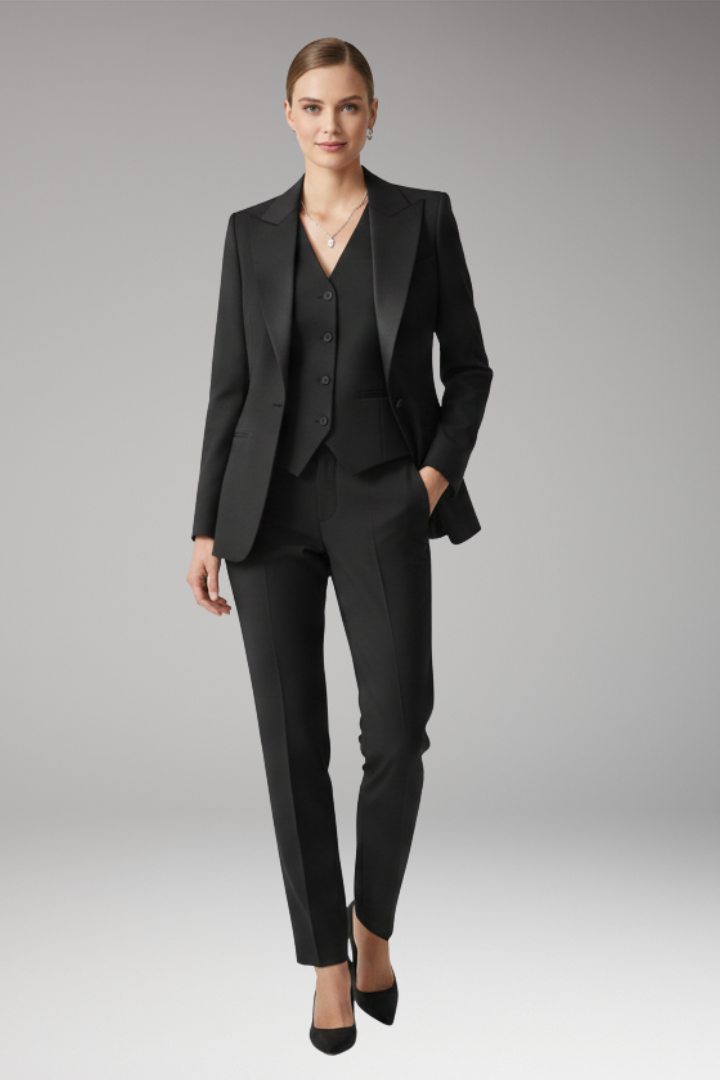 Women’s Three Piece Suit Set with Notched Jacket and Straight Trousers