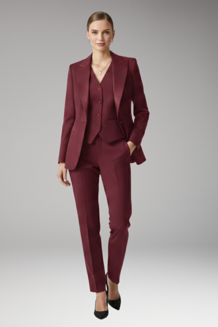 Women’s Three Piece Suit Set with Notched Jacket and Straight Trousers