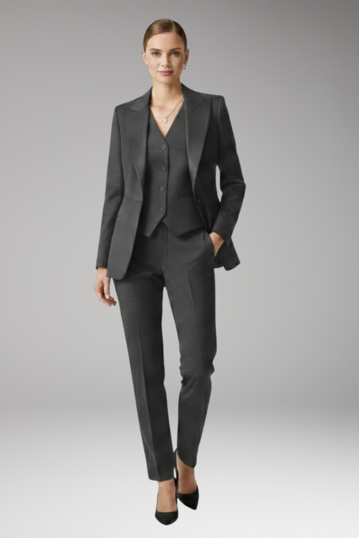 Women’s Three Piece Suit Set with Notched Jacket and Straight Trousers