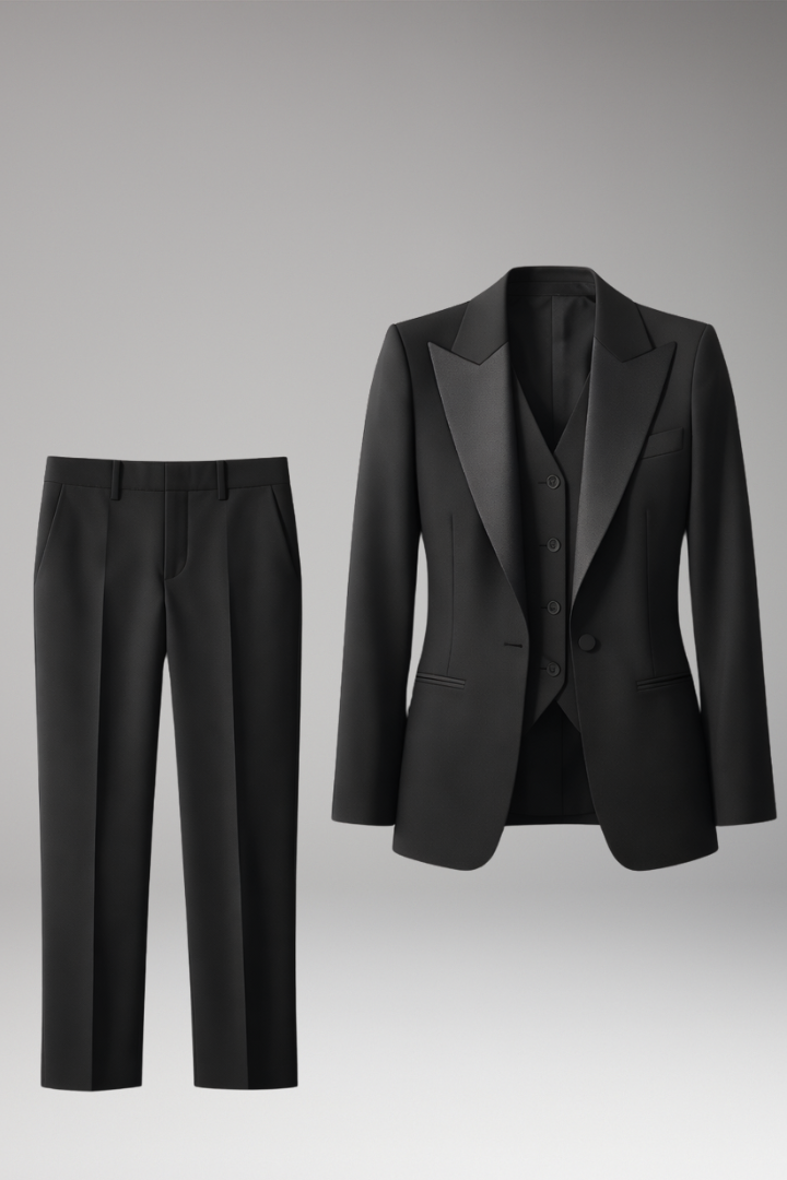Women’s Three Piece Suit Set with Notched Jacket and Straight Trousers