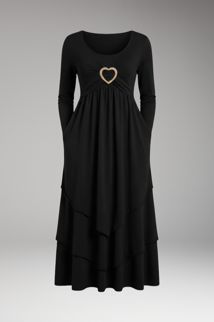 Women's Tiered Midi Dress with Heart Ring and Long Sleeves