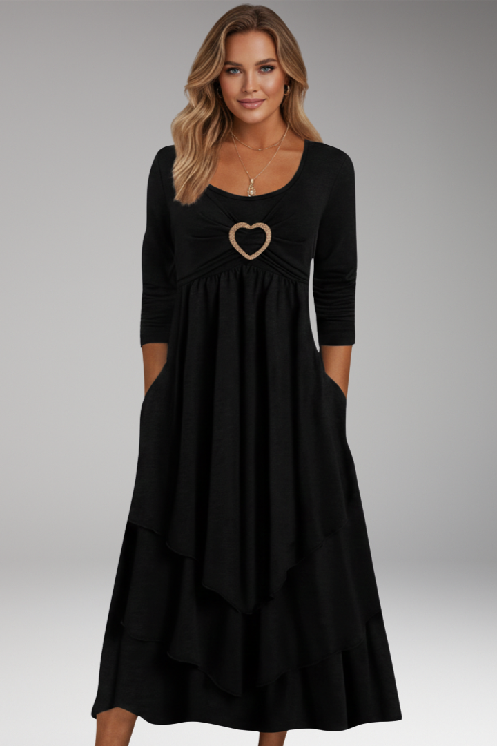 Women's Tiered Midi Dress with Heart Ring and Long Sleeves