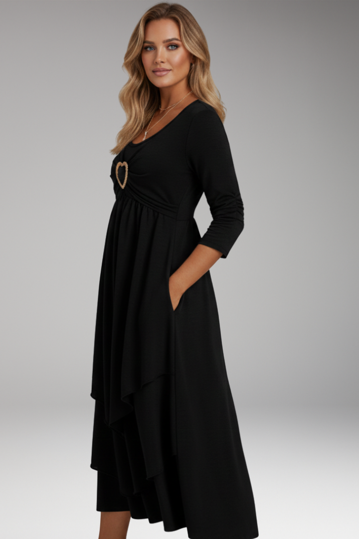Women's Tiered Midi Dress with Heart Ring and Long Sleeves