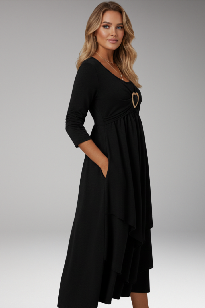 Women's Tiered Midi Dress with Heart Ring and Long Sleeves