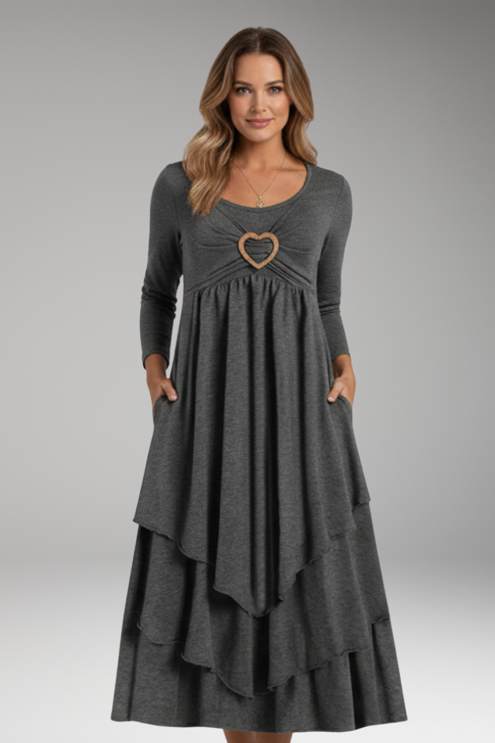 Women's Tiered Midi Dress with Heart Ring and Long Sleeves