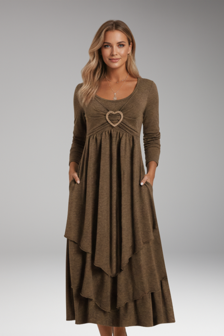 Women's Tiered Midi Dress with Heart Ring and Long Sleeves
