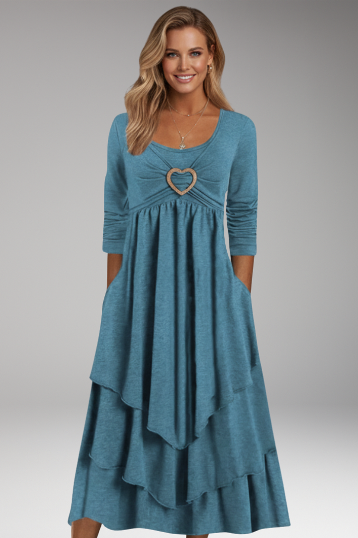 Women's Tiered Midi Dress with Heart Ring and Long Sleeves