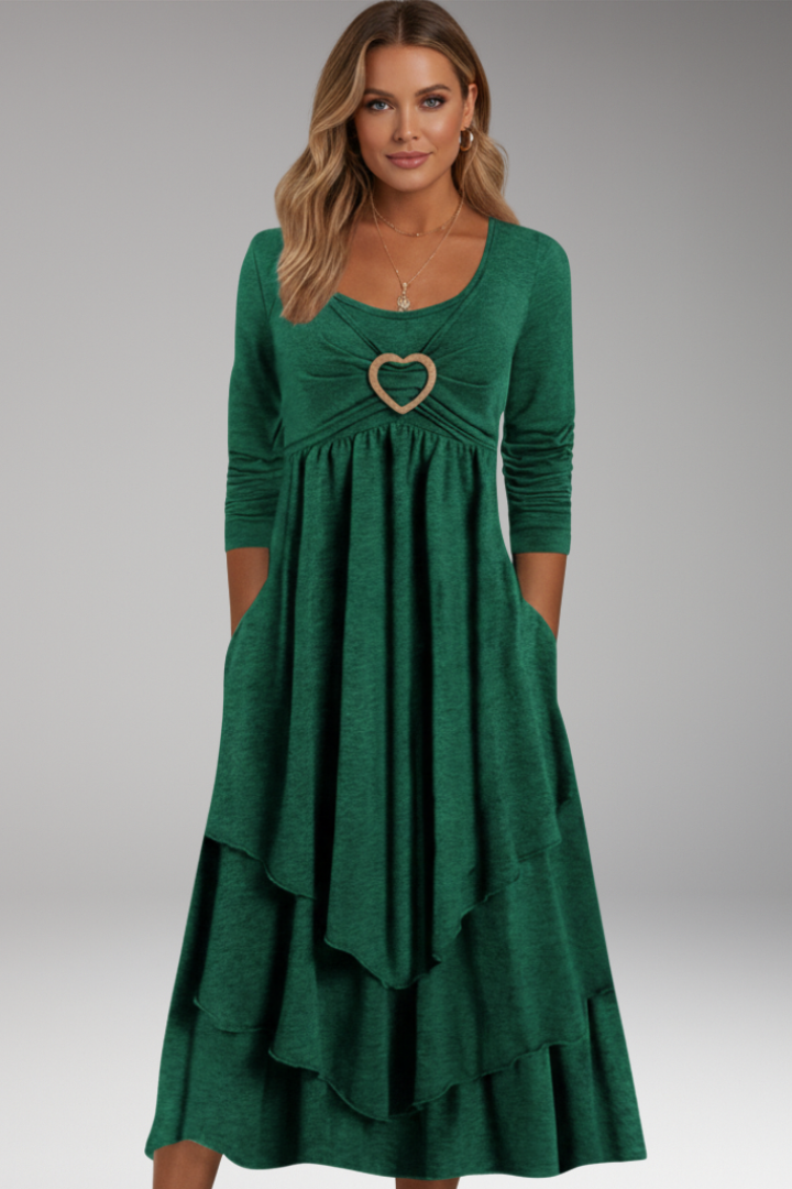 Women's Tiered Midi Dress with Heart Ring and Long Sleeves