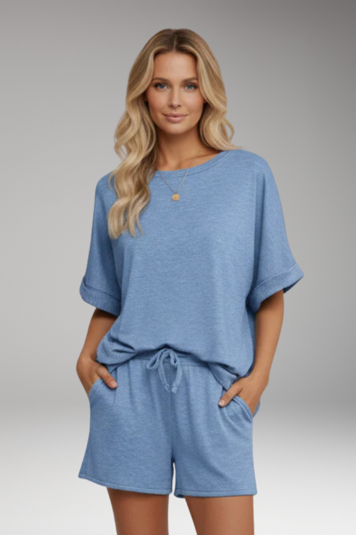 Women's Top and Shorts Set with Drawstring and Short Sleeves