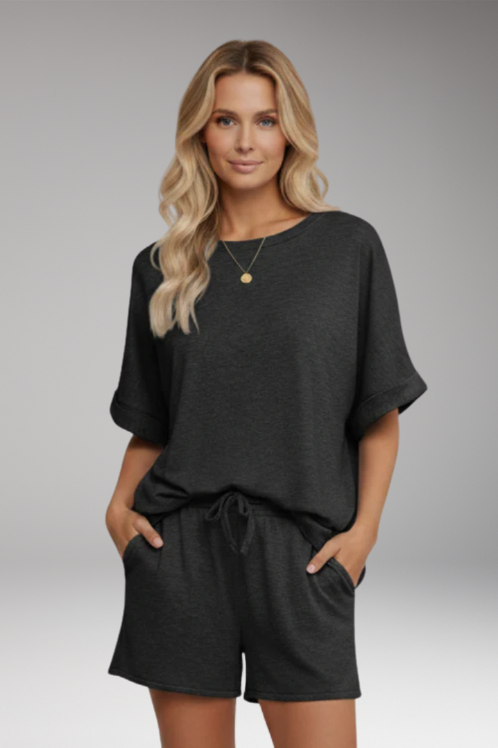 Women's Top and Shorts Set with Drawstring and Short Sleeves