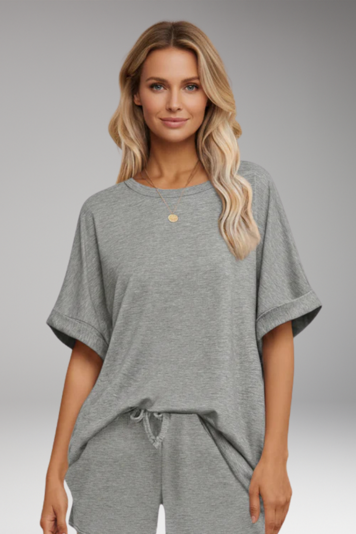 Women's Top and Shorts Set with Drawstring and Short Sleeves