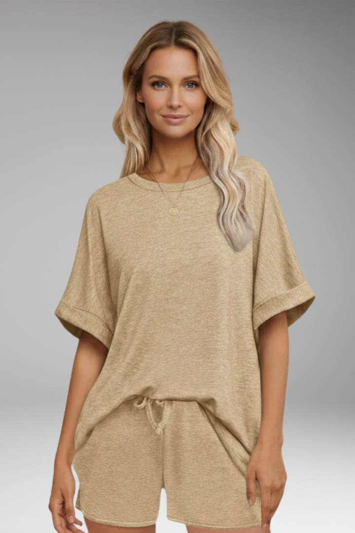 Women's Top and Shorts Set with Drawstring and Short Sleeves