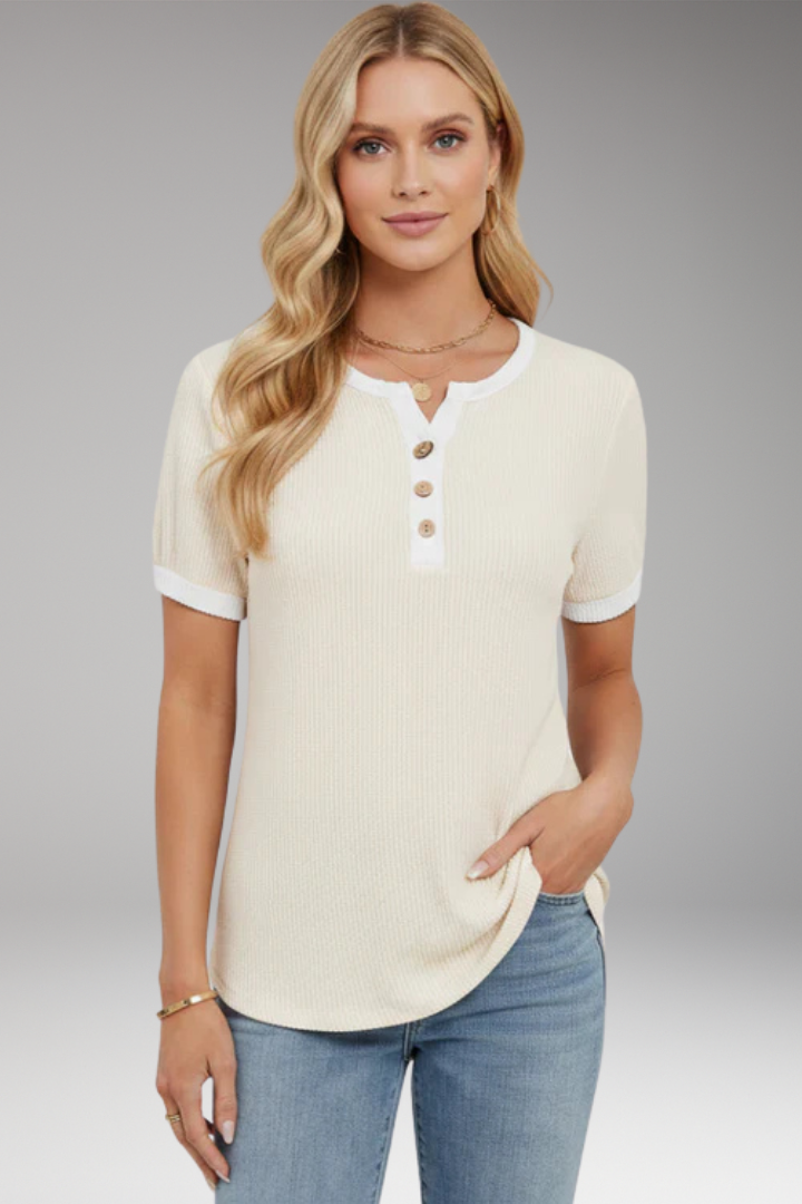 Women’s Top with Button Placket and Short Sleeves