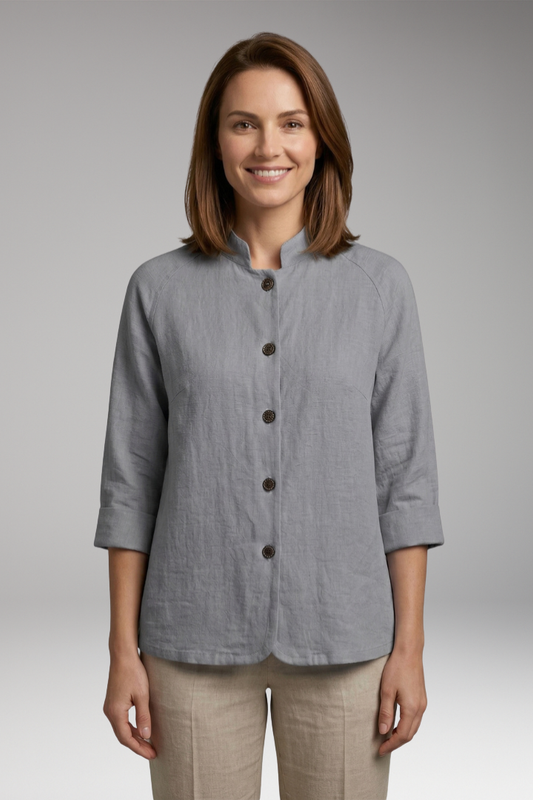 Women's Top with Front Fastening and Plain Woven Surface