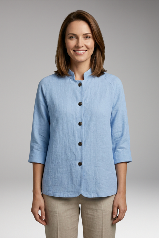 Women's Top with Front Fastening and Plain Woven Surface