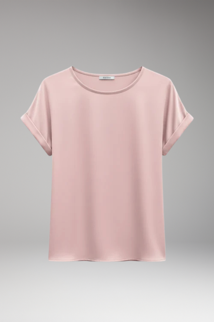 Women's Top with Round Neck and Rolled Sleeves