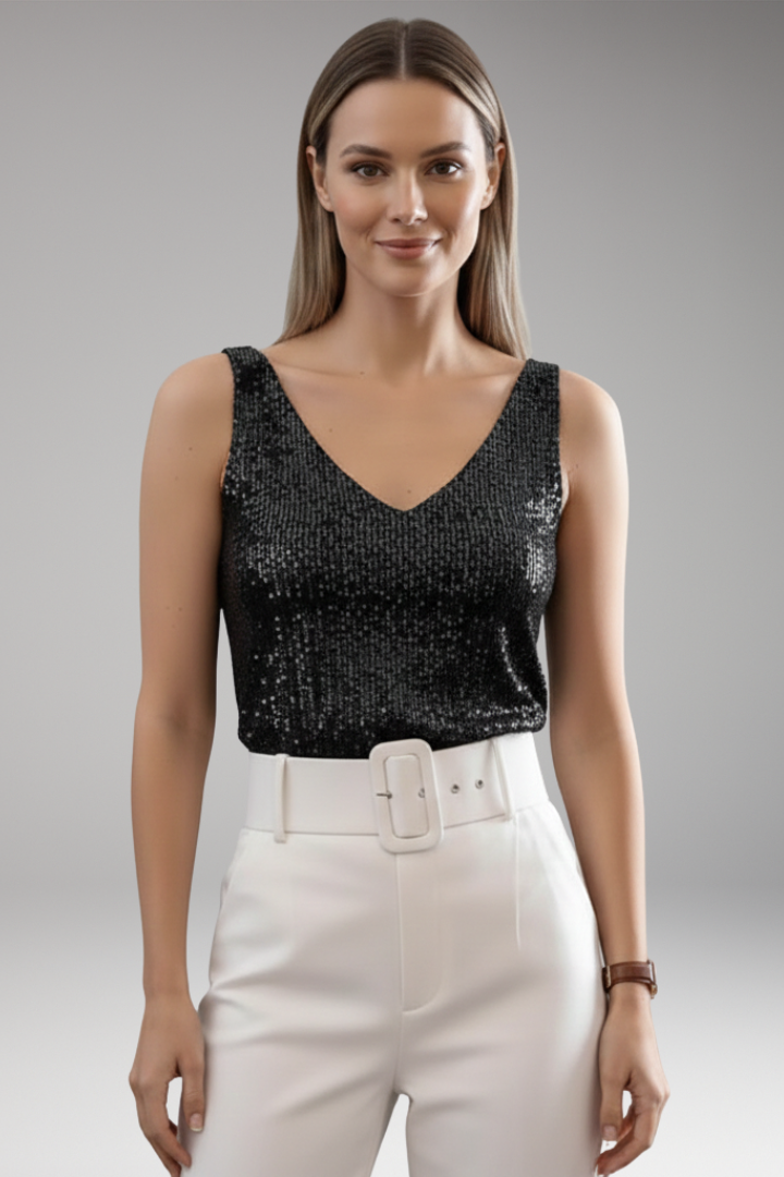 Women’s Top with V-Neckline and Sequin Surface