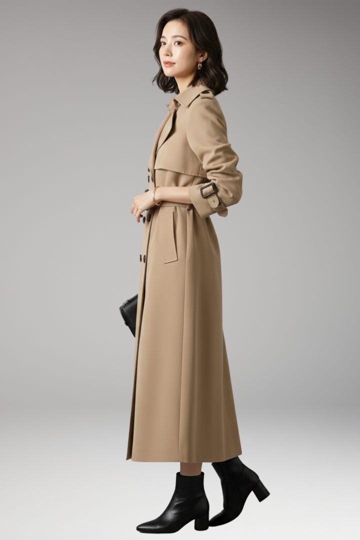 Women’s Trench Coat with Adjustable Waist and Full-Length Design