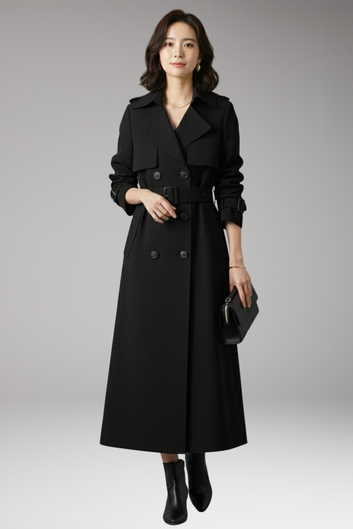 Women’s Trench Coat with Adjustable Waist and Full-Length Design