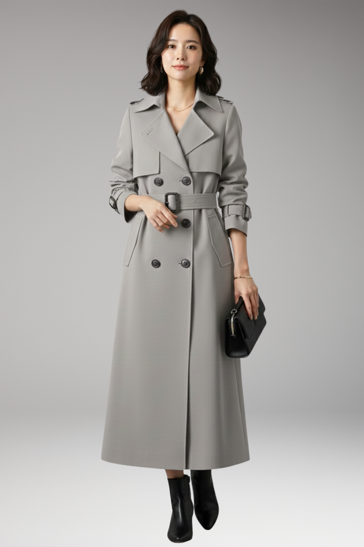 Women’s Trench Coat with Adjustable Waist and Full-Length Design