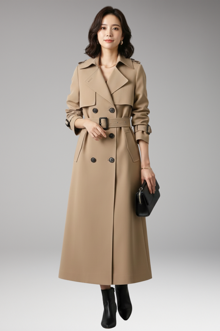 Women’s Trench Coat with Adjustable Waist and Full-Length Design