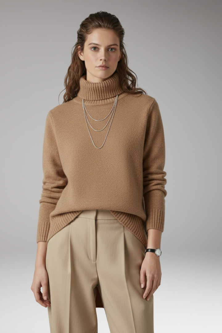 Women’s Turtleneck Jumper with Ribbed Texture and Long Sleeves