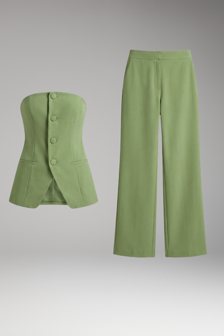 Women’s Two-Piece Outfit with Strapless Top and Wide-Leg Trousers