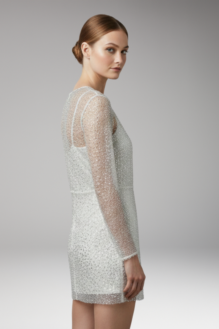 Women's Two-Piece Set Sling Dress with See-Through Mesh and Pearl Detail
