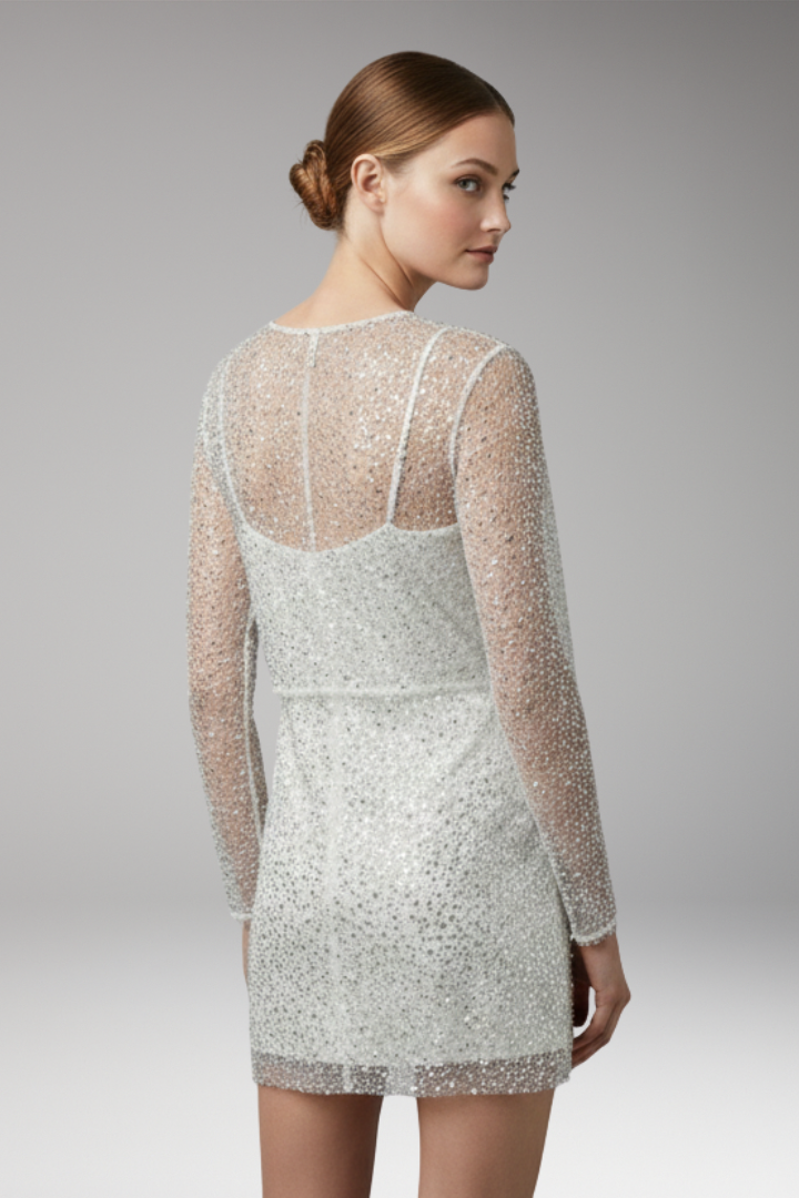 Women's Two-Piece Set Sling Dress with See-Through Mesh and Pearl Detail