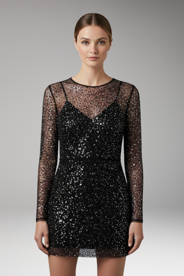 Women's Two-Piece Set Sling Dress with See-Through Mesh and Pearl Detail