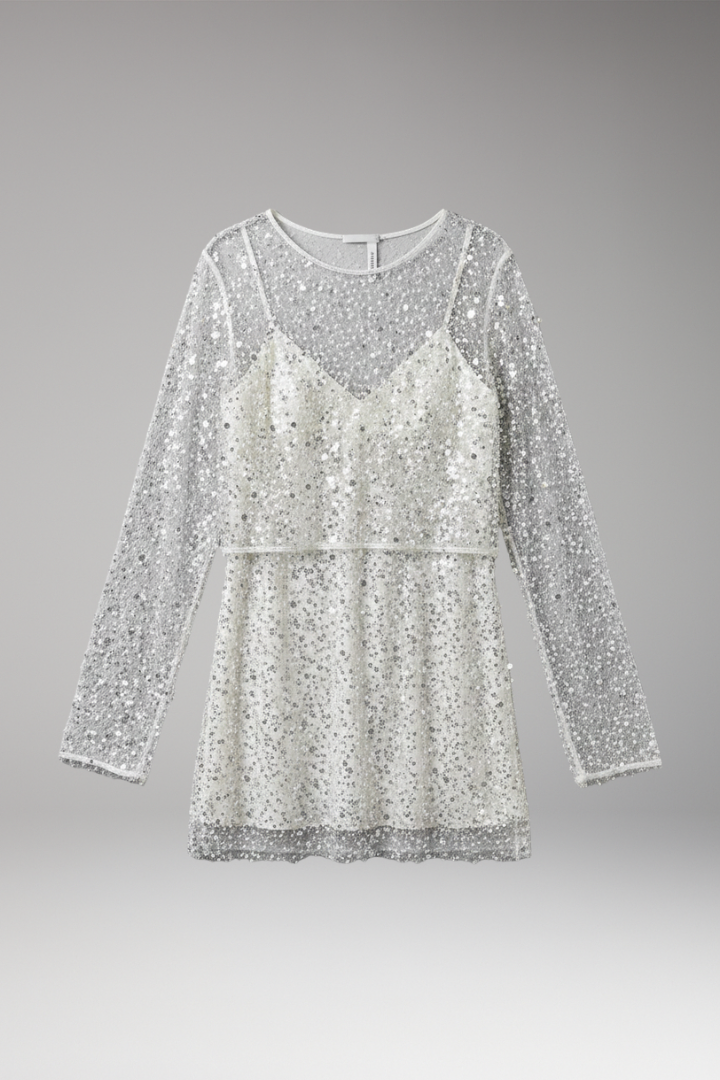 Women's Two-Piece Set Sling Dress with See-Through Mesh and Pearl Detail