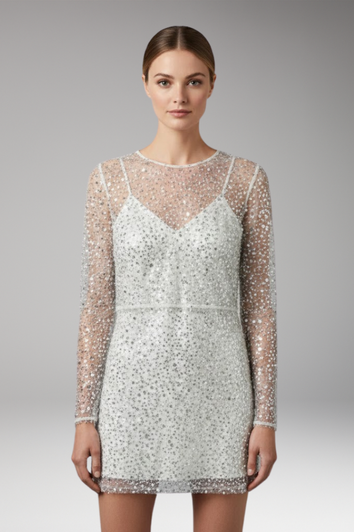 Women's Two-Piece Set Sling Dress with See-Through Mesh and Pearl Detail