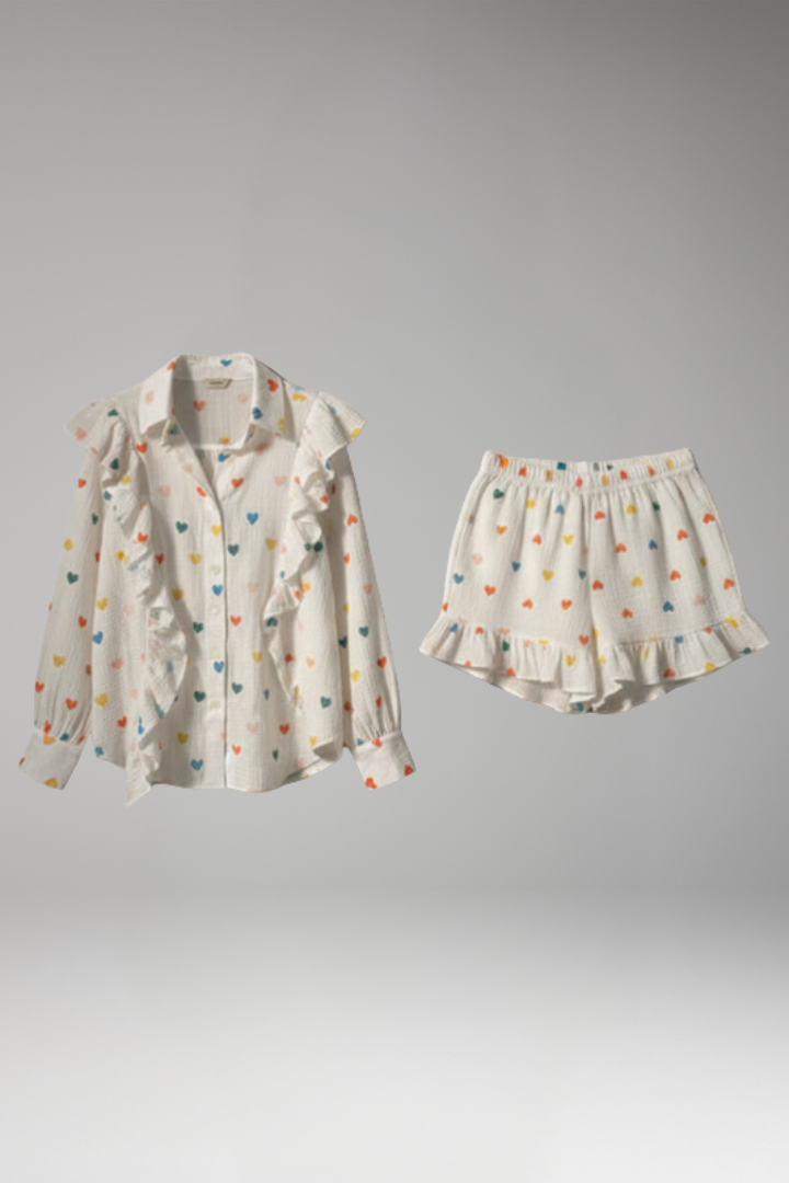 Women's Two Piece Set with Heart Pattern Shirt and Shorts