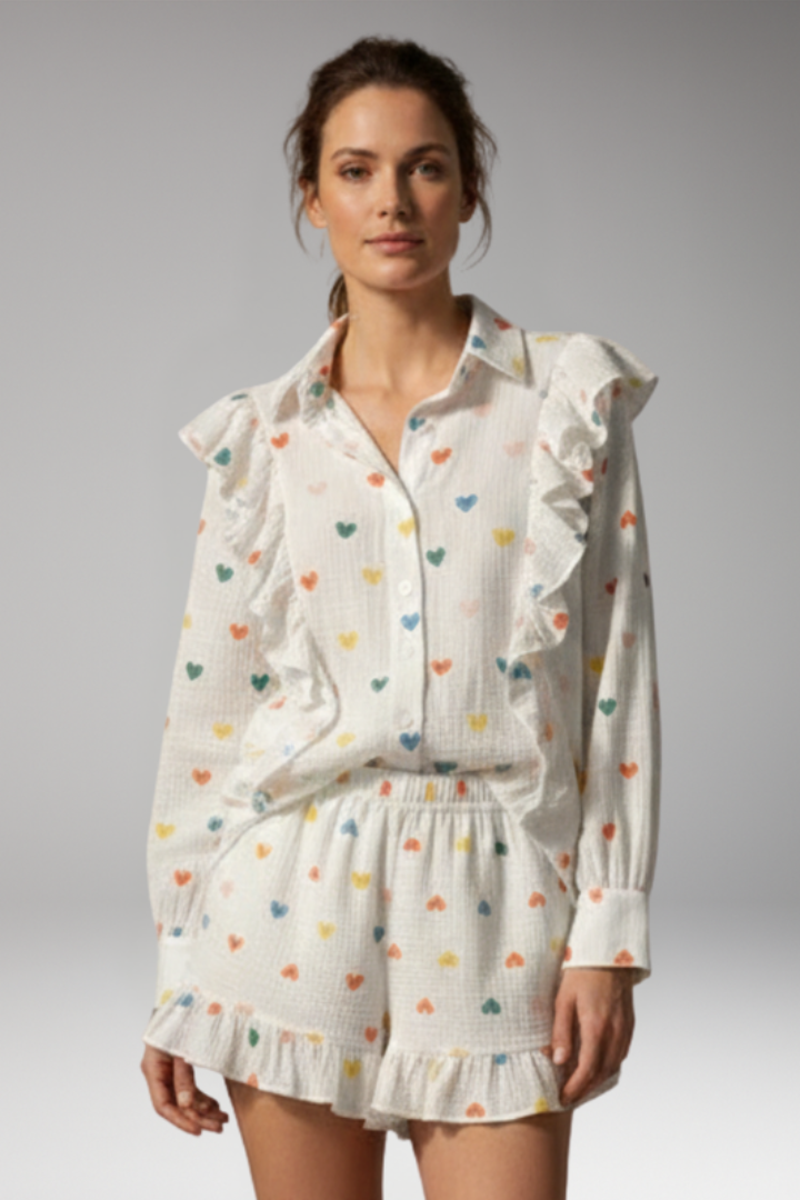 Women's Two Piece Set with Heart Pattern Shirt and Shorts