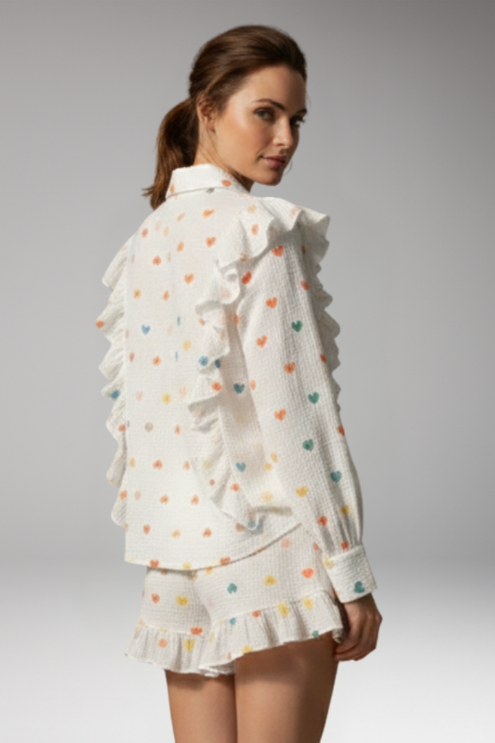 Women's Two Piece Set with Heart Pattern Shirt and Shorts
