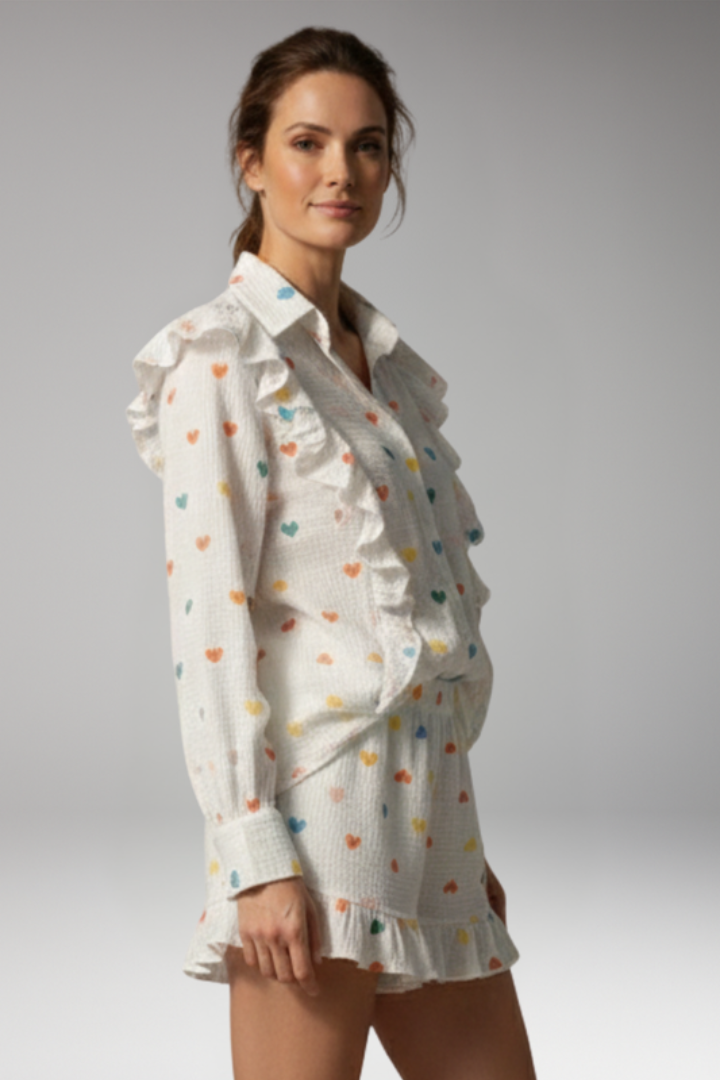 Women's Two Piece Set with Heart Pattern Shirt and Shorts