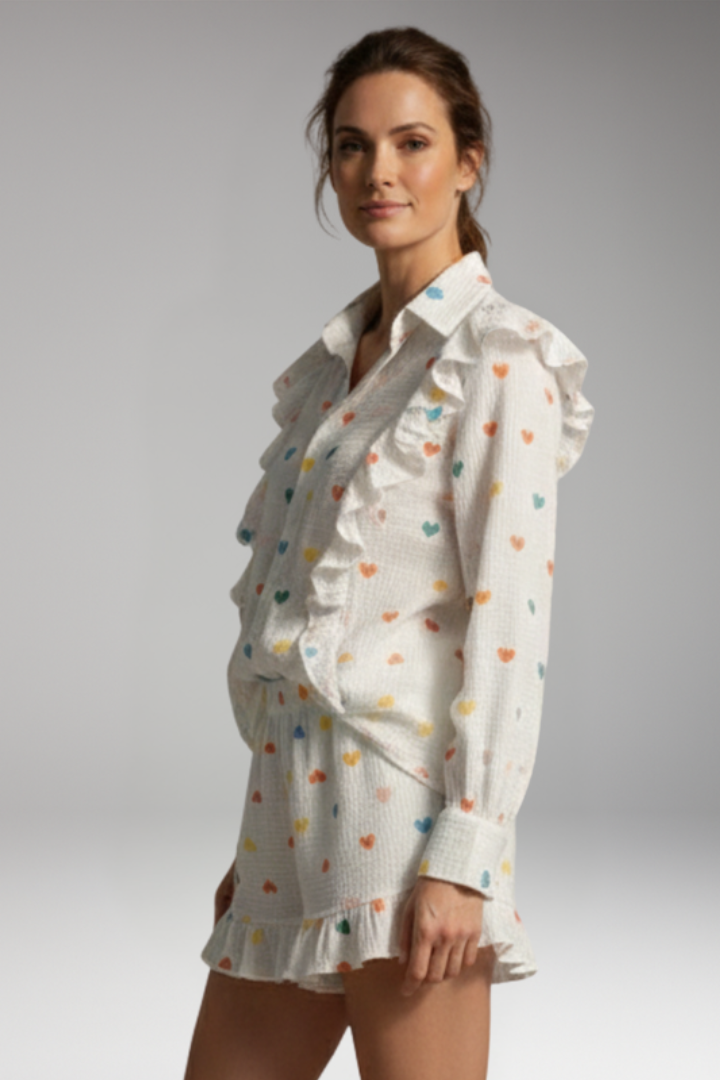 Women's Two Piece Set with Heart Pattern Shirt and Shorts