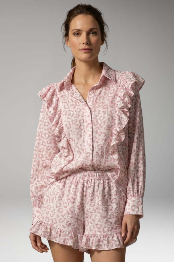 Women's Two Piece Set with Heart Pattern Shirt and Shorts