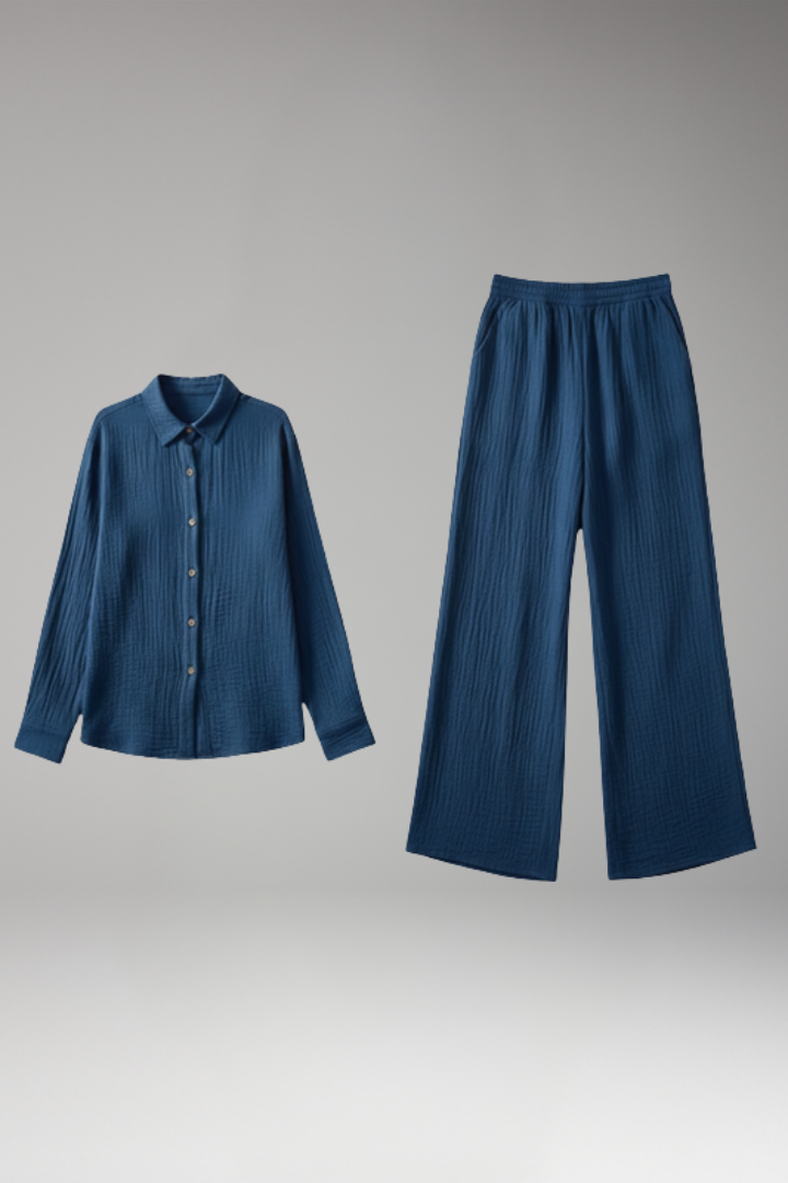 Women's Two Piece Set with Button Shirt and Wide Leg Trousers