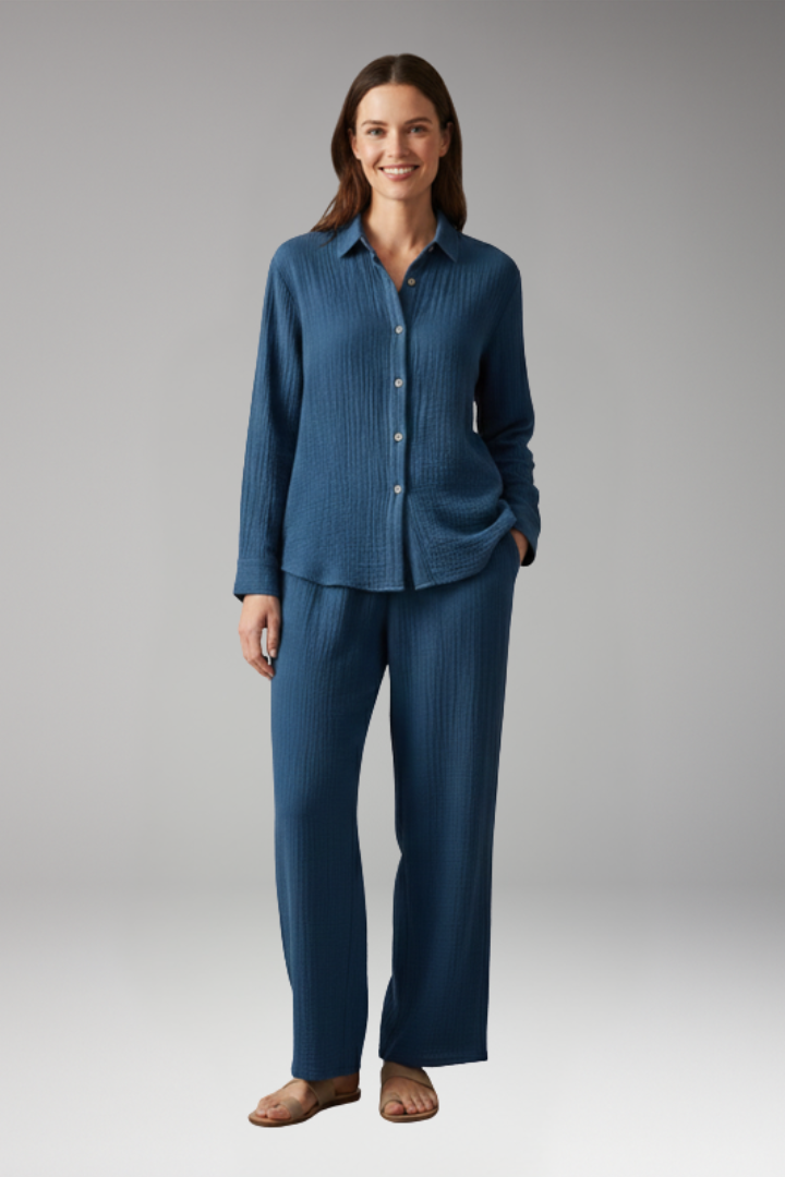 Women's Two Piece Set with Button Shirt and Wide Leg Trousers