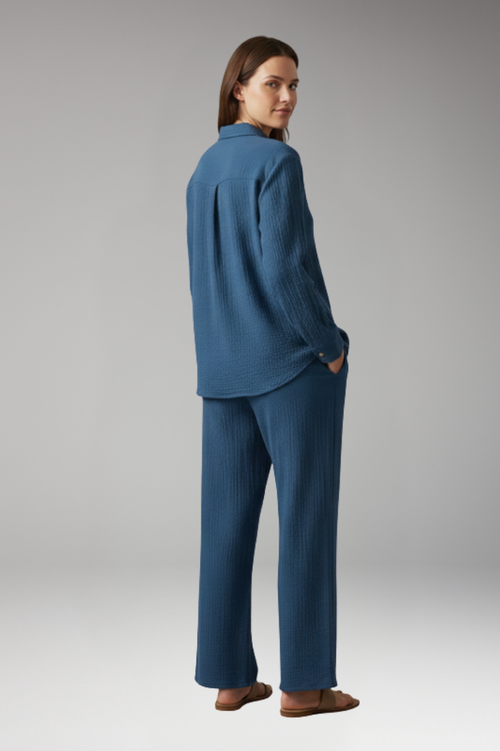 Women's Two Piece Set with Button Shirt and Wide Leg Trousers