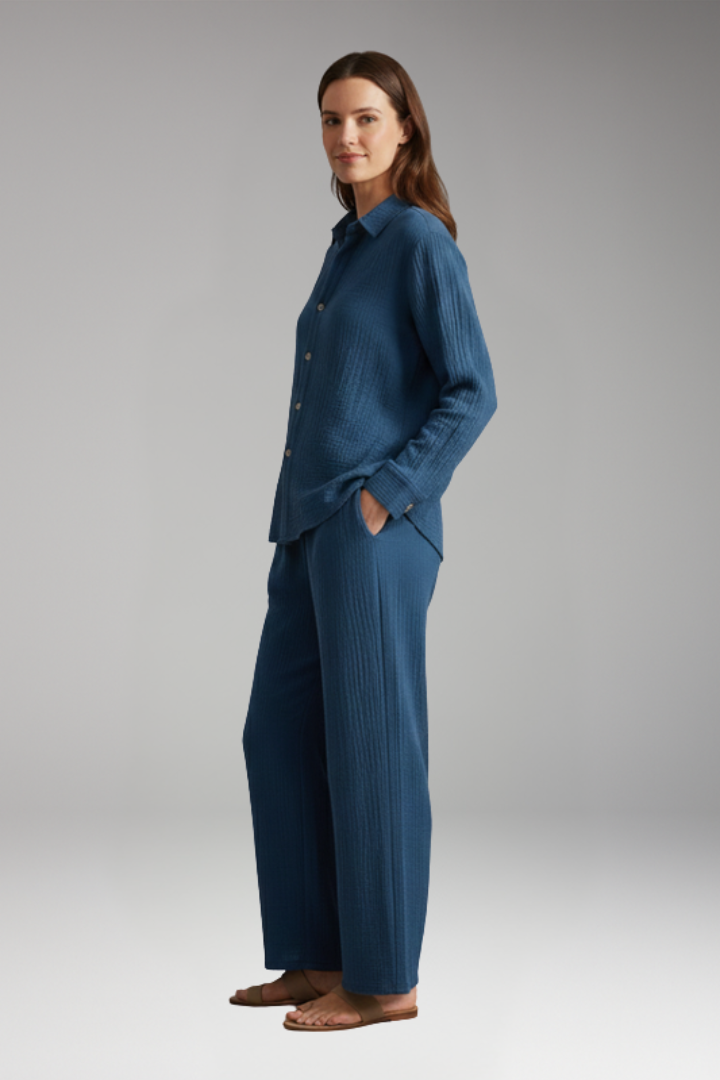 Women's Two Piece Set with Button Shirt and Wide Leg Trousers