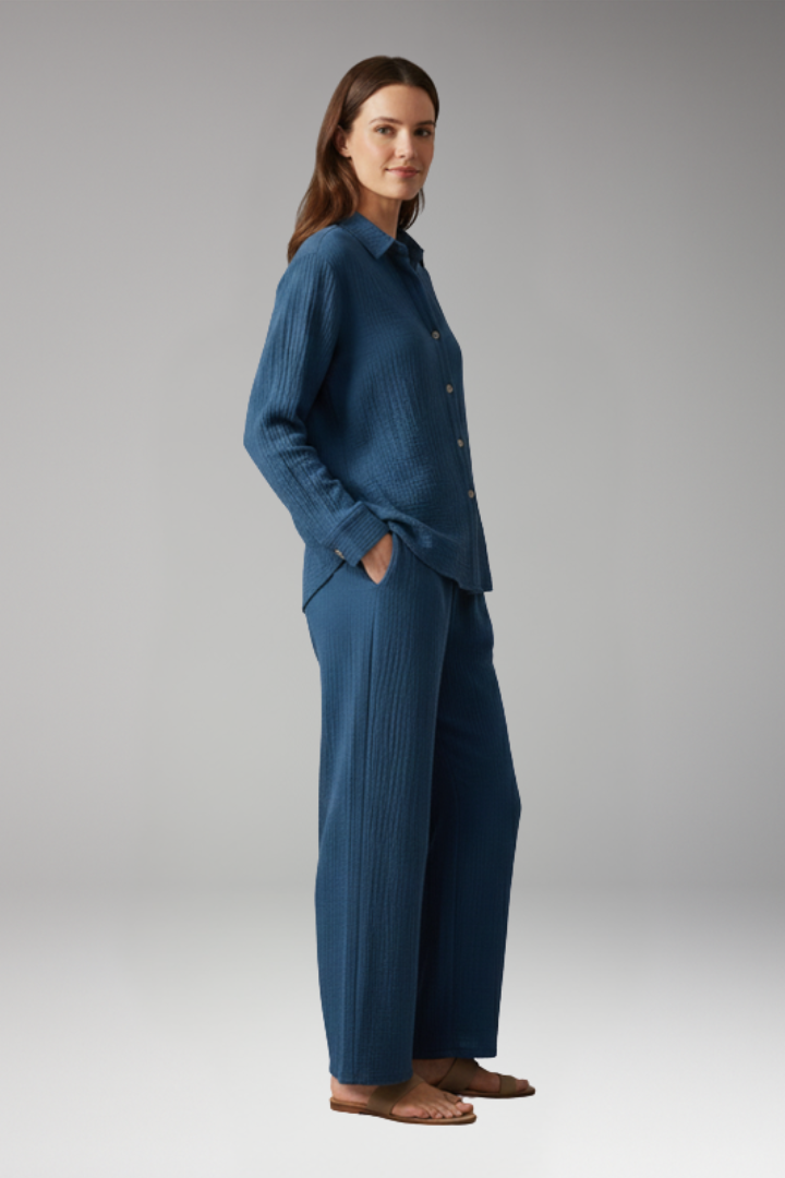 Women's Two Piece Set with Button Shirt and Wide Leg Trousers