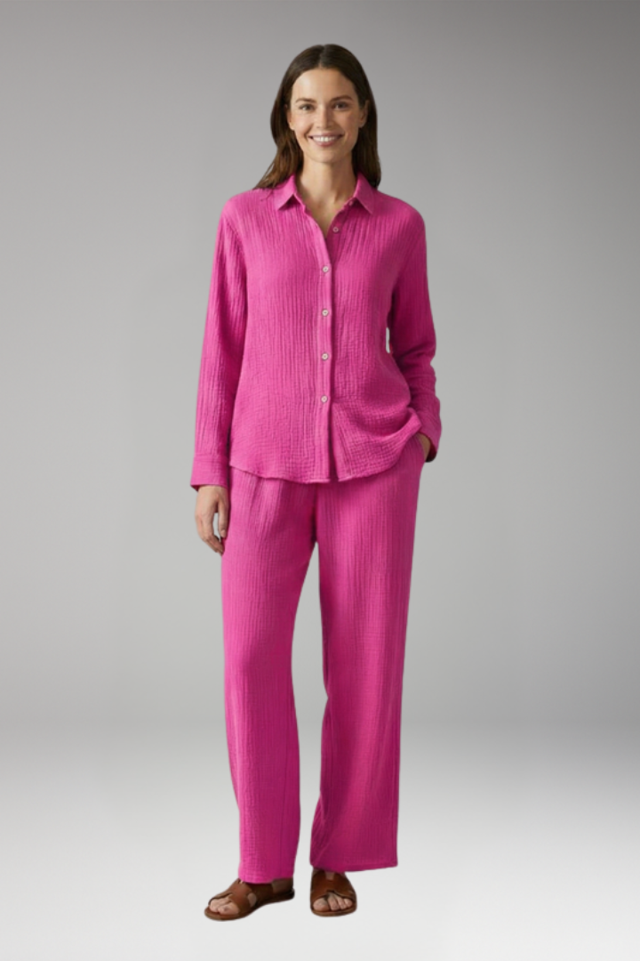Women's Two Piece Set with Button Shirt and Wide Leg Trousers