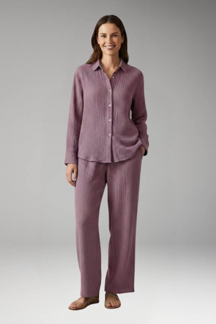 Women's Two Piece Set with Button Shirt and Wide Leg Trousers