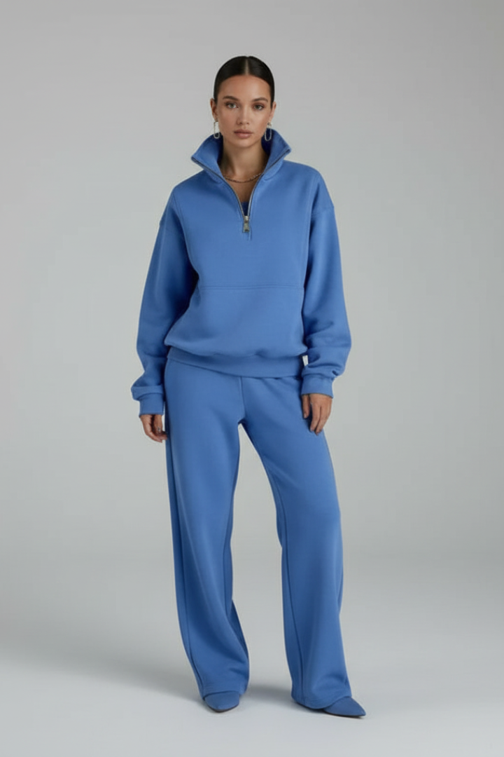 Women’s Two-Piece Set with Half-Zip Top and Straight-Leg Trousers